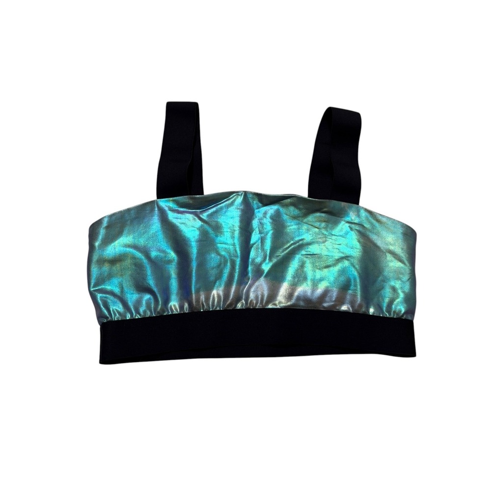 Terez Womens Size Large Sports Bra Iridescent Metallic Blue Silver Black Stretch